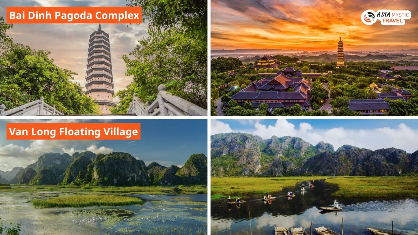 Marvel at the grandeur of Bai Dinh Pagoda before drifting through the peaceful wetlands of Van Long Nature Reserve